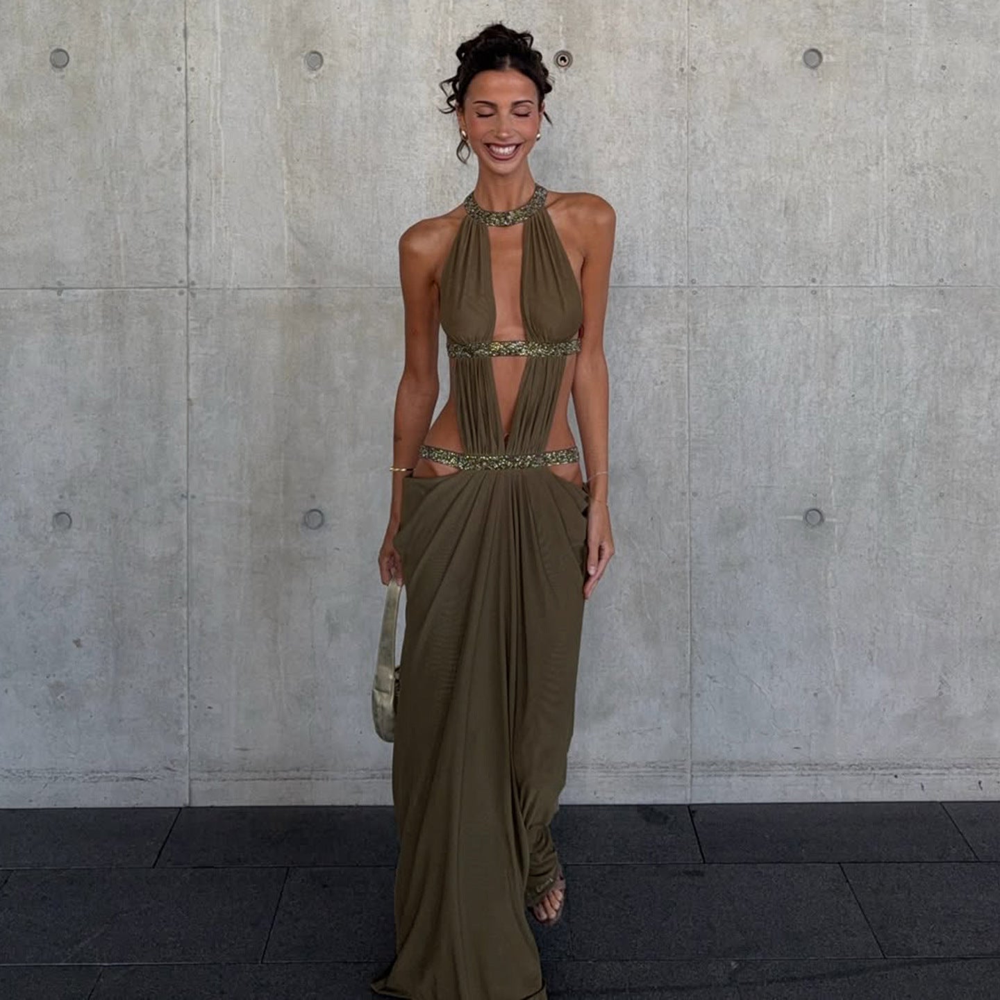 Solid Color Stitching Hollow Out Cutout Backless Sequ Dress Net Women Yarn Vacation Maxi Dress by Ragazza