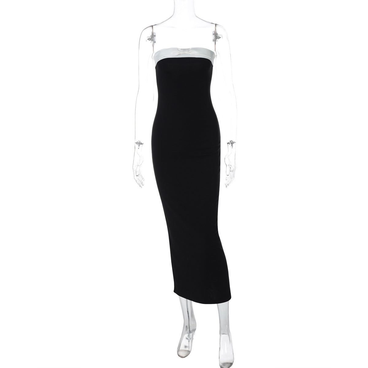 Women Clothing Spring Summer Sexy Tube Top Black White Color Matching Waist Slimming Slit Dress by Ragazza