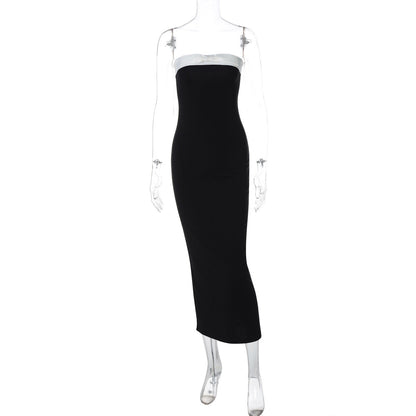 Women Clothing Spring Summer Sexy Tube Top Black White Color Matching Waist Slimming Slit Dress by Ragazza