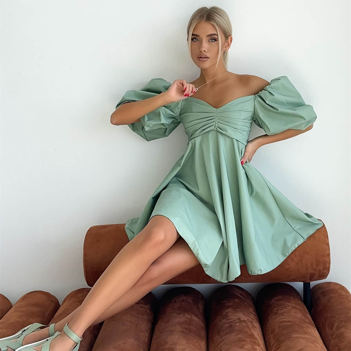 Off Neck Short Dress for Women Summer Puff Sleeve High Waist A line Dress French Princess Dress for Women by Ragazza