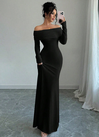Women Clothing Autumn off Shoulder Four Sided Stretch Dress Tight off Shoulder Long Formal Dress by Ragazza