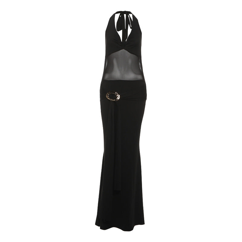 Fall Women Clothing Sexy Mesh Stitching Semi See through Slim Fit Halter Tied Dress Women by Ragazza