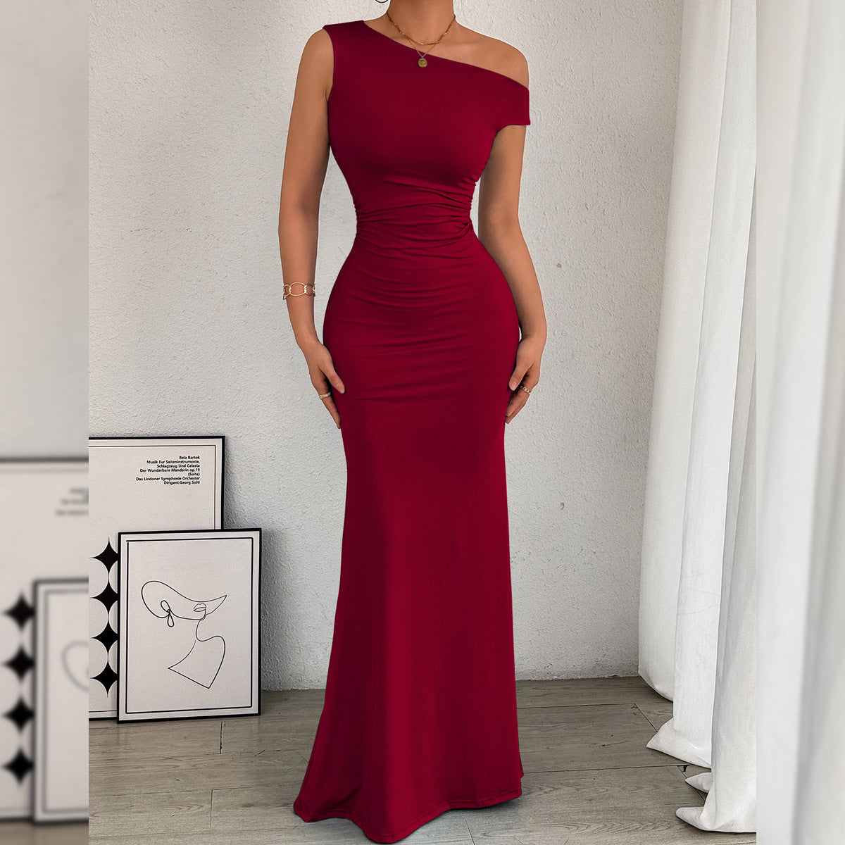 Women Fishtail Dress Slant Shoulder Collar Waist Pleated Sleeveless Sexy Dress by Ragazza