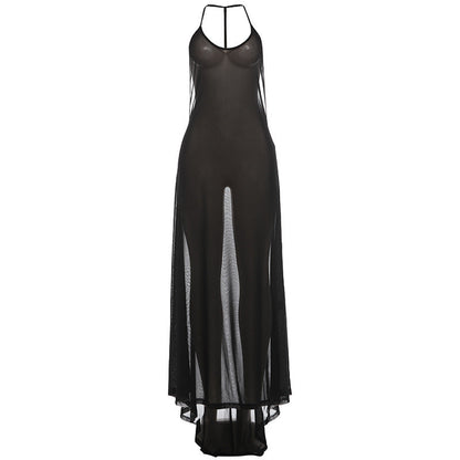 Women Spring Clothing V neck Halter Mesh Backless Sexy Solid Color Dress  DestGlow