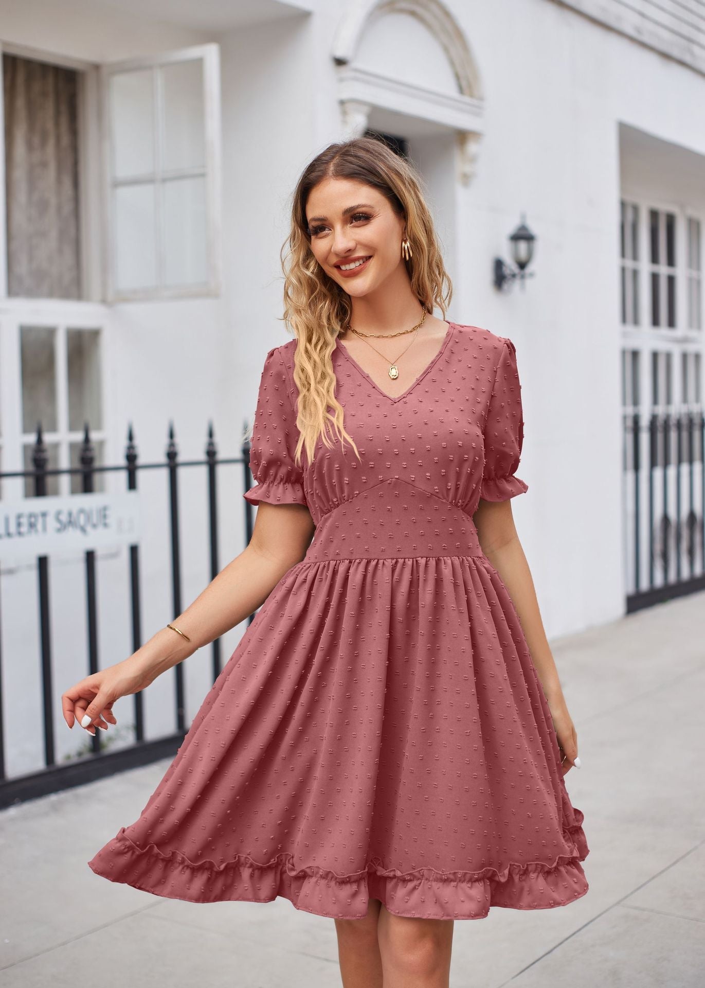 Summer Women Clothing Jacquard V neck Tight Waist Beach Elegant Dress by Ragazza
