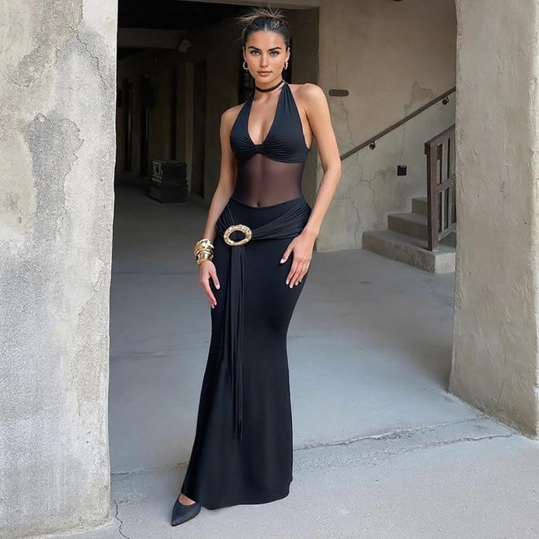 Fall Women Clothing Sexy Mesh Stitching Semi See through Slim Fit Halter Tied Dress Women by Ragazza