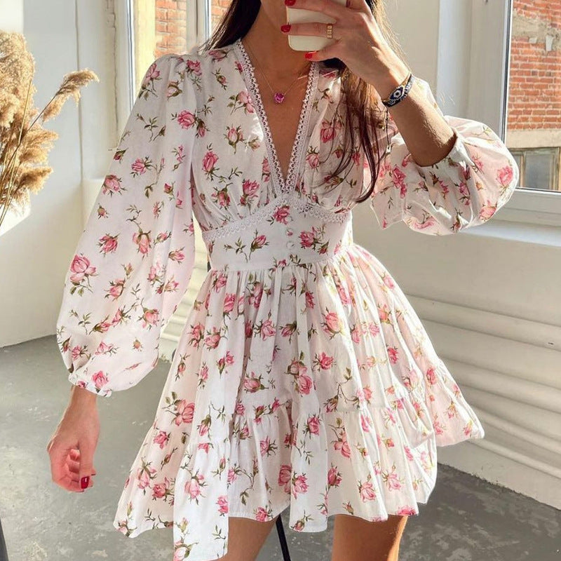 Autumn Winter Women Clothing Street Casual Floral Midi High Waist Slim V neck Dress by Ragazza