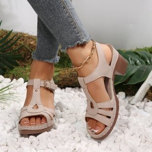 Wedge Open Toe Peep Toe Sandals Women Chunky Heel Buckle Hollow Out Cutout out Beach Slippers  DestGlow