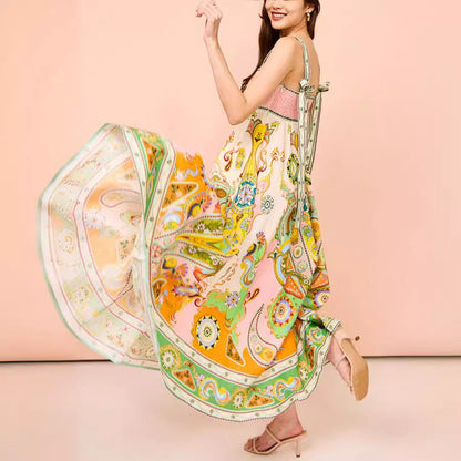 Sexy Women Clothing Sling Graffiti Printing Sleeveless Bow Swing Cotton Linen Dress by Ragazza