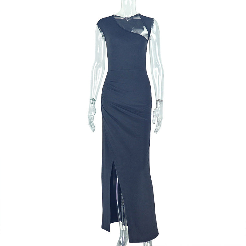 Graceful Women Solid Color Pleated Slim Fit Slit Hip Dress Diagonal Collar Hollow Out Cutout out Length Dress by Ragazza