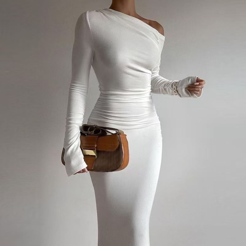 Sexy Women Clothing Sloping-Shoulder off the Shoulder Long Sleeve Slim Fit Pleated Long Socialite Dress by Ragazza