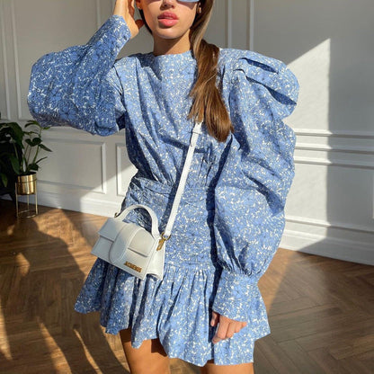 Women Clothing Spring Printed Floral Dress Long Sleeve Cinched Pleated Casual Dress by Ragazza