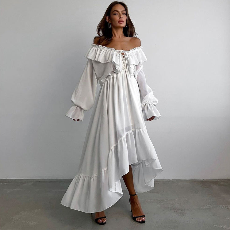 Drawstring V neck Flared Sleeves Chiffon Dress Asymmetric Design White Casual Long A line Dress by Ragazza