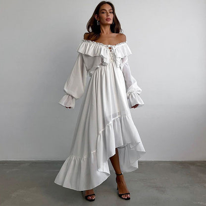 Drawstring V neck Flared Sleeves Chiffon Dress Asymmetric Design White Casual Long A line Dress by Ragazza