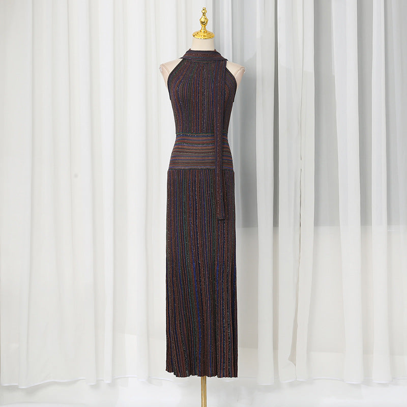 Artistic Retro Contrast Color Striped Dress Sleeveless Halter Collar Fitted High Waist Slimming Dress  DestGlow