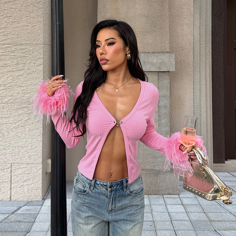 Sexy Deep V Plunge neck Long Sleeve Ostrich Feather Pink Cardigan Autumn Sexy All Match Top by Ragazza