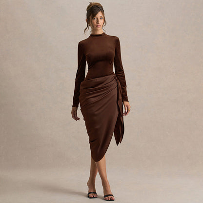 Women Clothing Autumn Winter Elegant Solid Color Waist Tight Irregular Asymmetric Oblique Swing Mid Length Dress by Ragazza