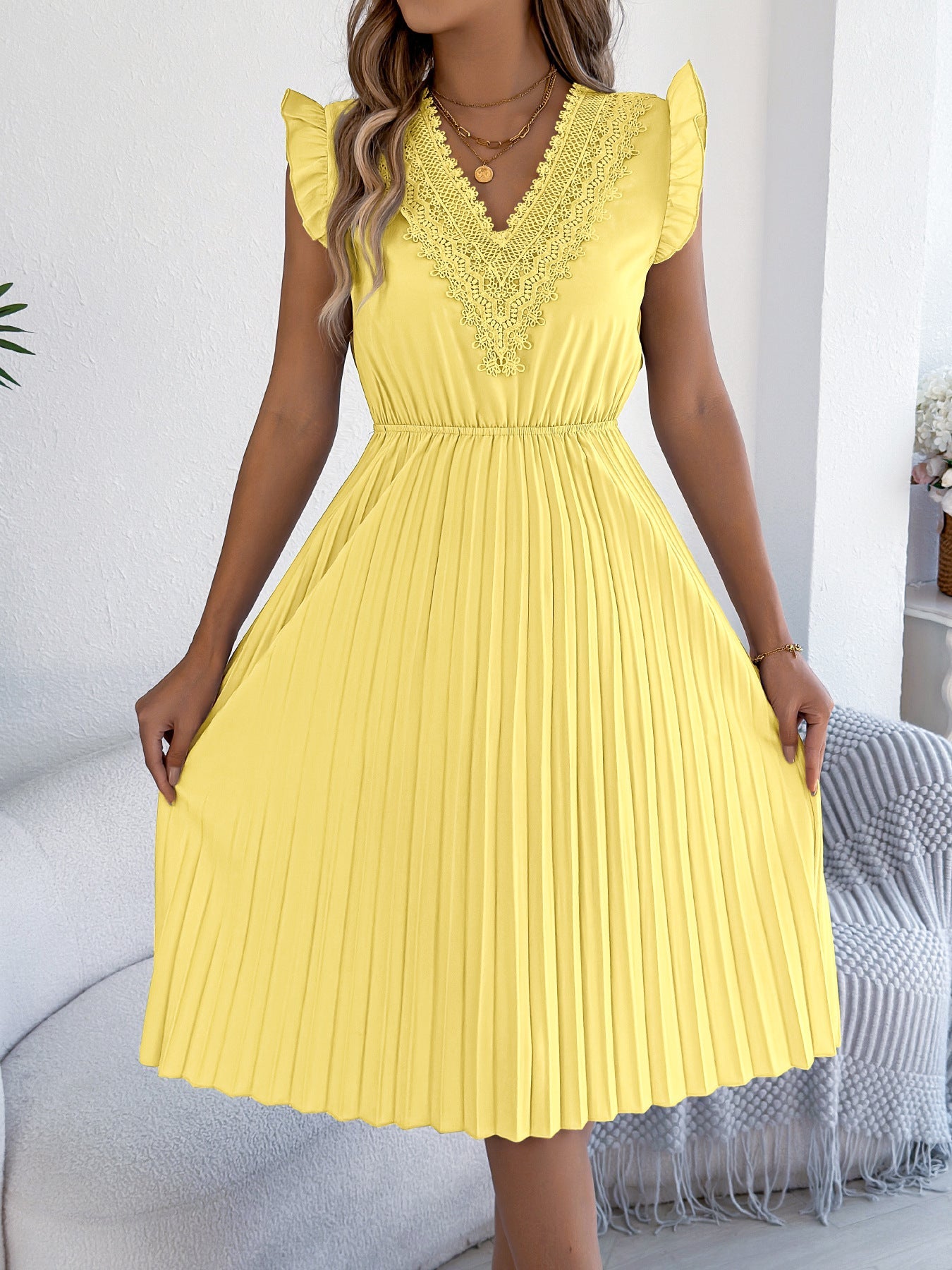 Women Clothing Spring Summer Casual Lace V neck Wooden Ear Cinched Pleated Dress by Ragazza