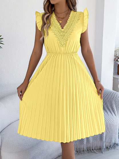 Women Clothing Spring Summer Casual Lace V neck Wooden Ear Cinched Pleated Dress by Ragazza