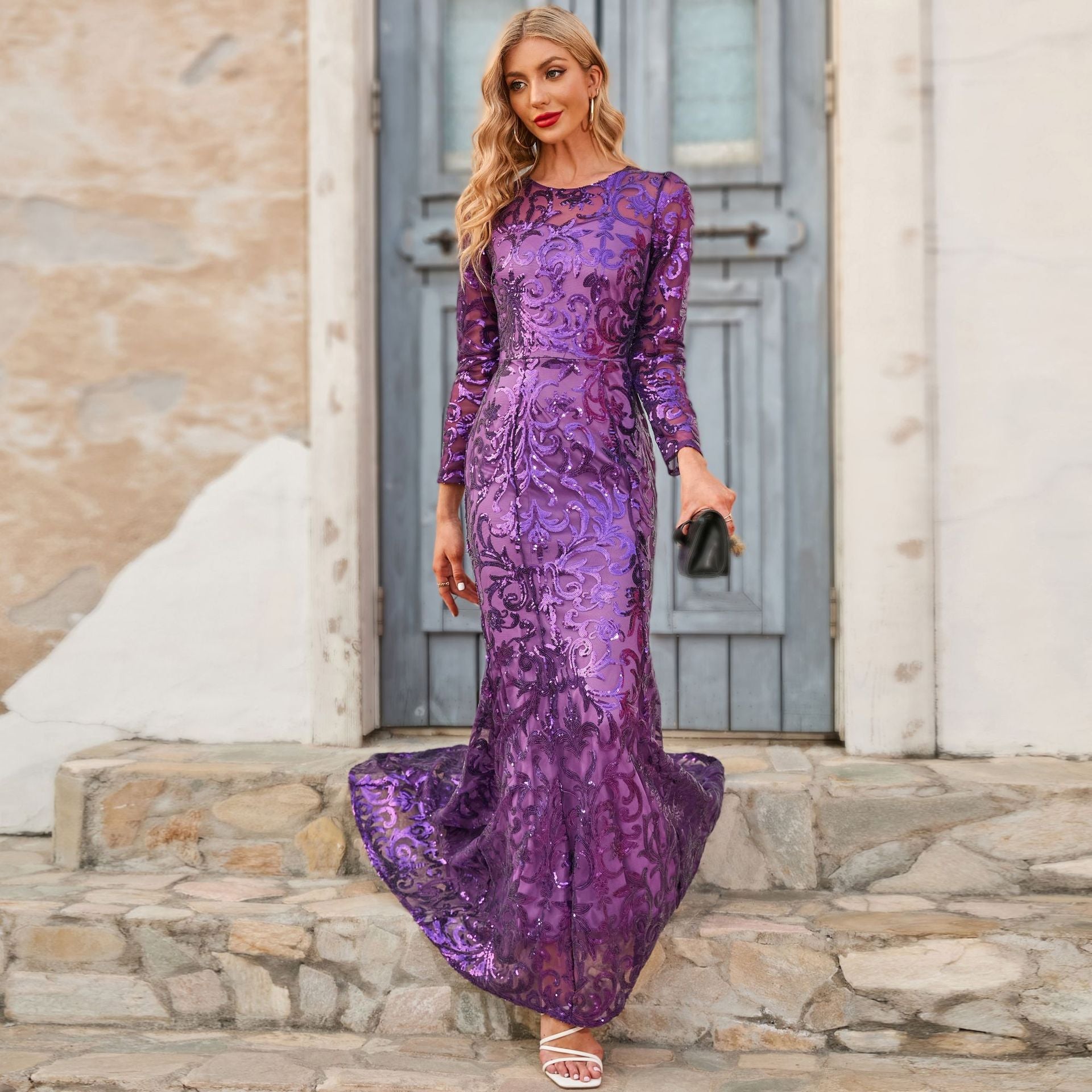 Spring Autumn Sequined Dress Purple Crew-Neck Long Evening Dress Long Sleeve Dress by Ragazza