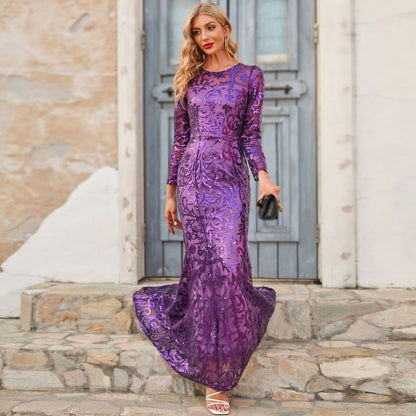 Spring Autumn Sequined Dress Purple Crew-Neck Long Evening Dress Long Sleeve Dress by Ragazza