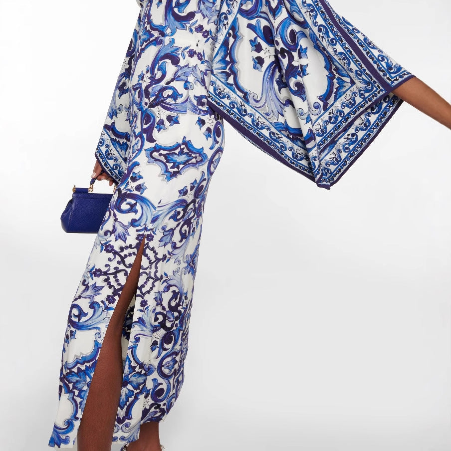 Women Blue White Porcelain Printed off Neck Loose Dress by Ragazza