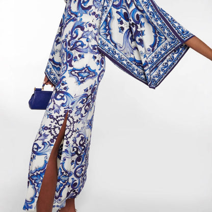 Women Blue White Porcelain Printed off Neck Loose Dress by Ragazza