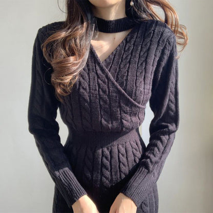 Chic Personality All Match Round Neck Hemp Pattern Front Back Wearable Design Sneaky Design Split Sweater Dress Women by Ragazza
