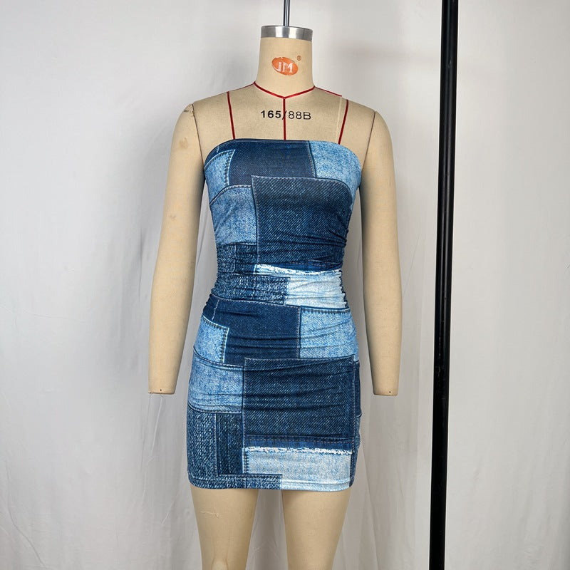 Women Clothing Summer Printed Slim Fit Sheath Dress Denim Color Advanced Tube Top by Ragazza