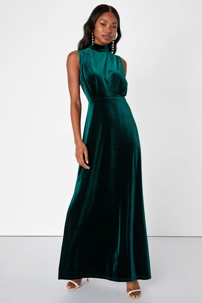 Graceful round Stand Collar Sleeveless Waist Slit Party Dinner Dress Solid Color Women Dress by Ragazza