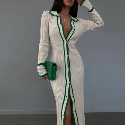 Slim Collared Patchwork Women Long Sleeved Cardigan Dress by Ragazza