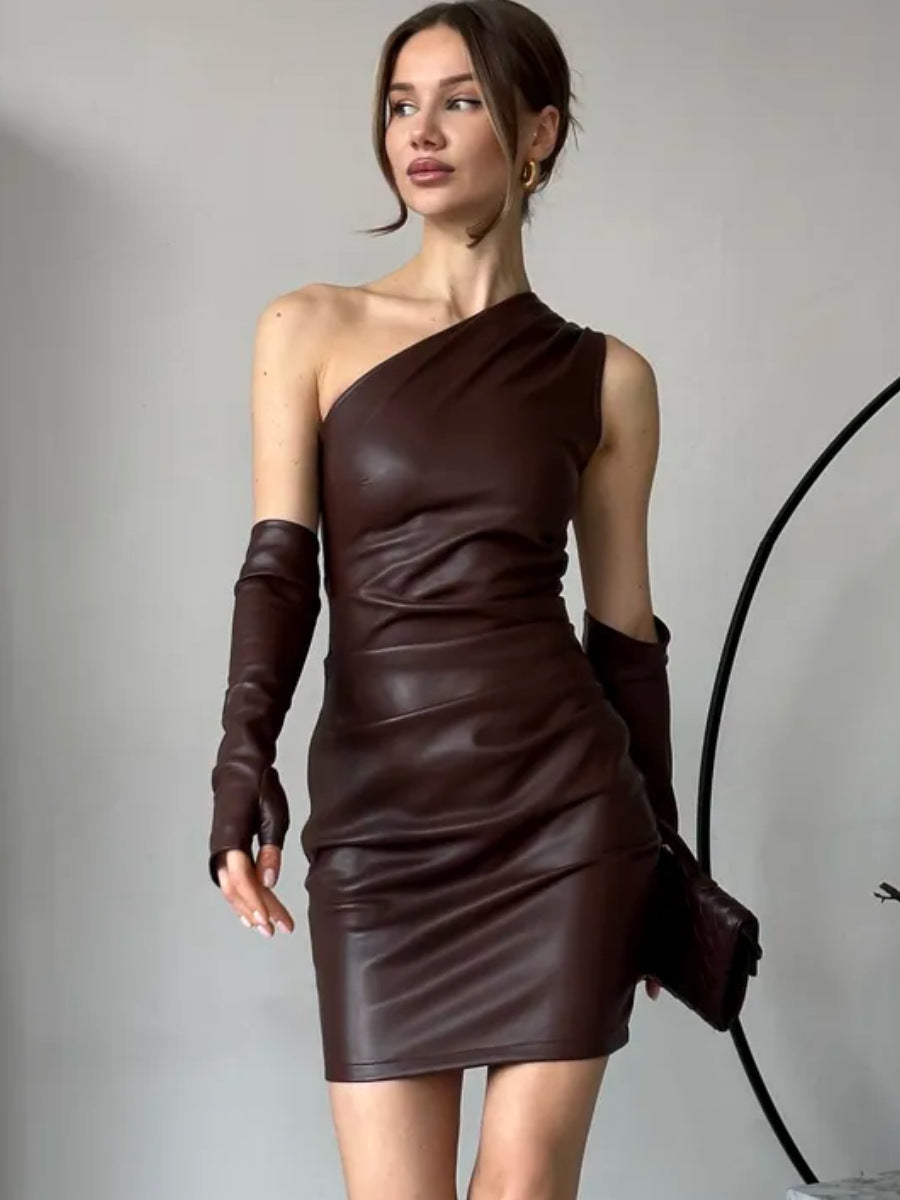Faux Leather Dress Street Hipster Women Clothing Diagonal Collar Sleeveless Oversleeve Tight Waist Sheath Dress by Ragazza