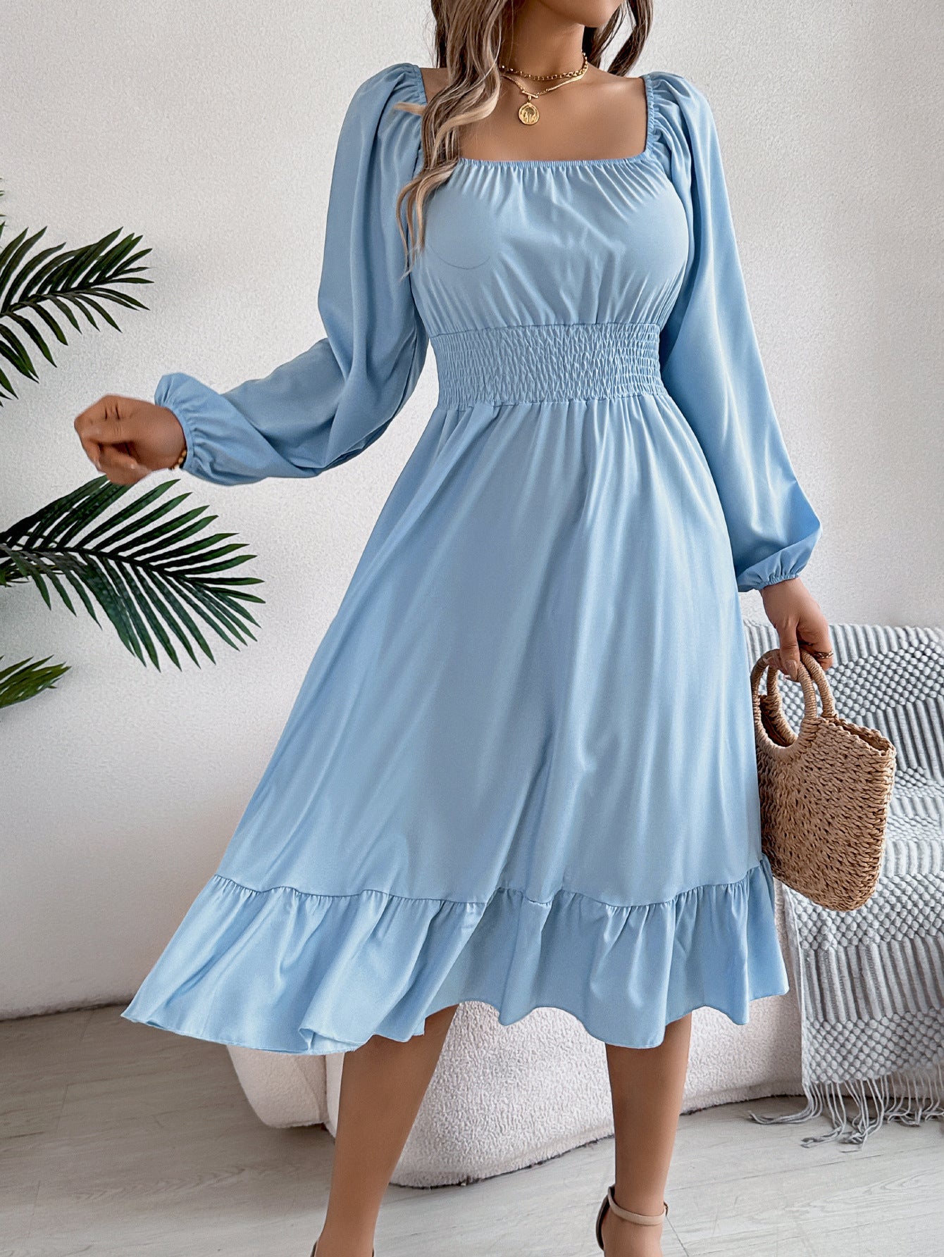 Spring Summer Casual Solid Color Square Collar Long Sleeve Waist Trimming Ruffles A line Dress Women Clothing by Ragazza