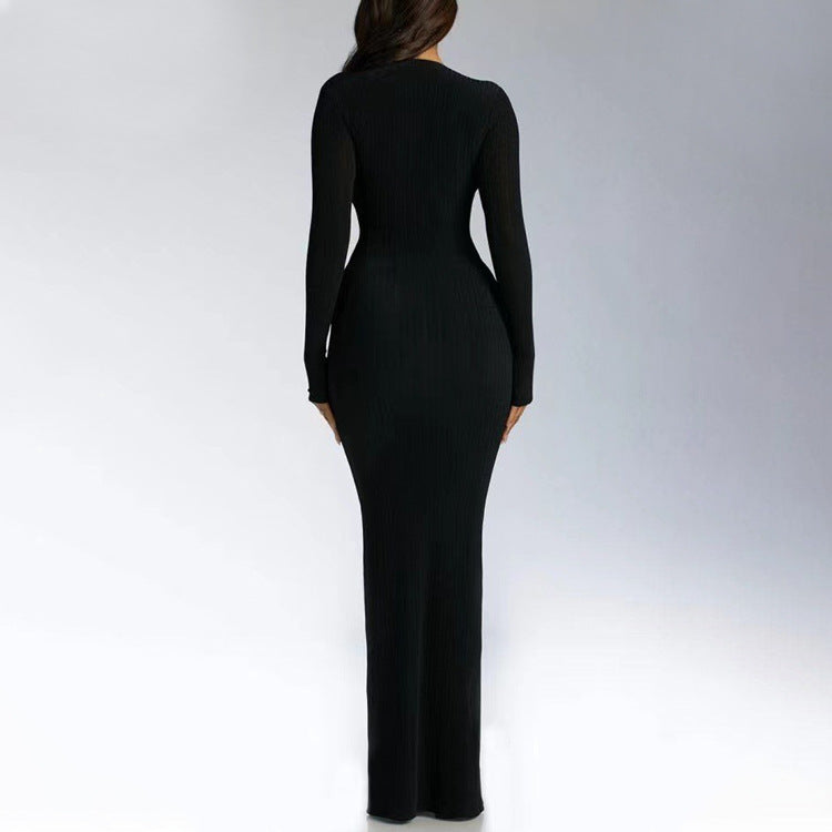Sexy Deep V Plunge One Step Dress Solid Color Slim Fit Sexy Long Sheath Dress Women by Ragazza