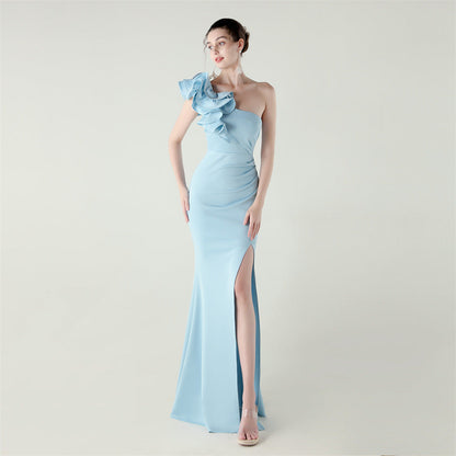One Shoulder Craft Wave the Craft of Design Gross Satin High Slit Sexy Evening Dress Dinner Party Wedding Social Networking by Ragazza