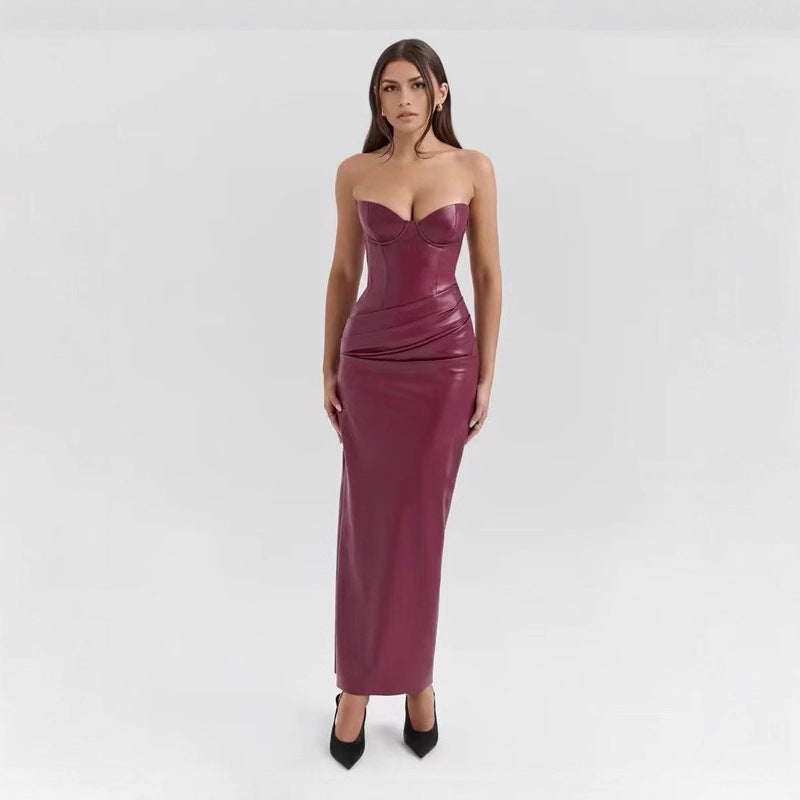 Leather Tube Top Dress Sexy Lace up Slit Sheath Maxi Dress Evening Dress by Ragazza