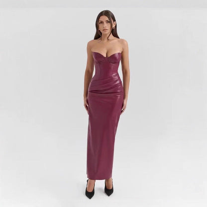 Leather Tube Top Dress Sexy Lace up Slit Sheath Maxi Dress Evening Dress by Ragazza