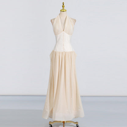 Elegant Maxi Dress Summer Embroidery Hollow Out Cutout out Mesh Stitching Waist Hanging Neck Dress by Ragazza