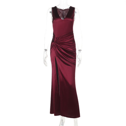 Sexy Deep V Plunge neck Satin Split Sling Dress Women Slim Formal Dress by Ragazza