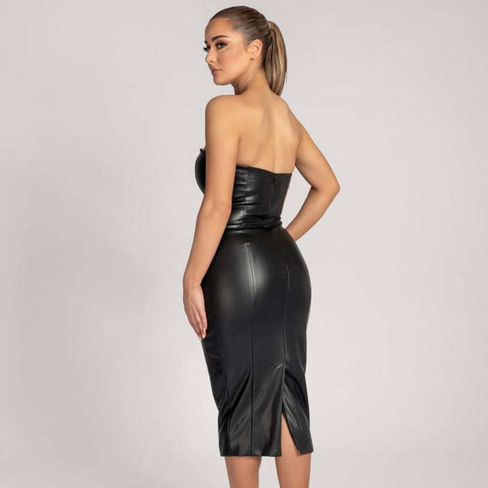 Autumn Winter Solid Color Faux Leather Elegant Slim-Fit Tube Top Back Slit Sexy Midi Dress by Ragazza