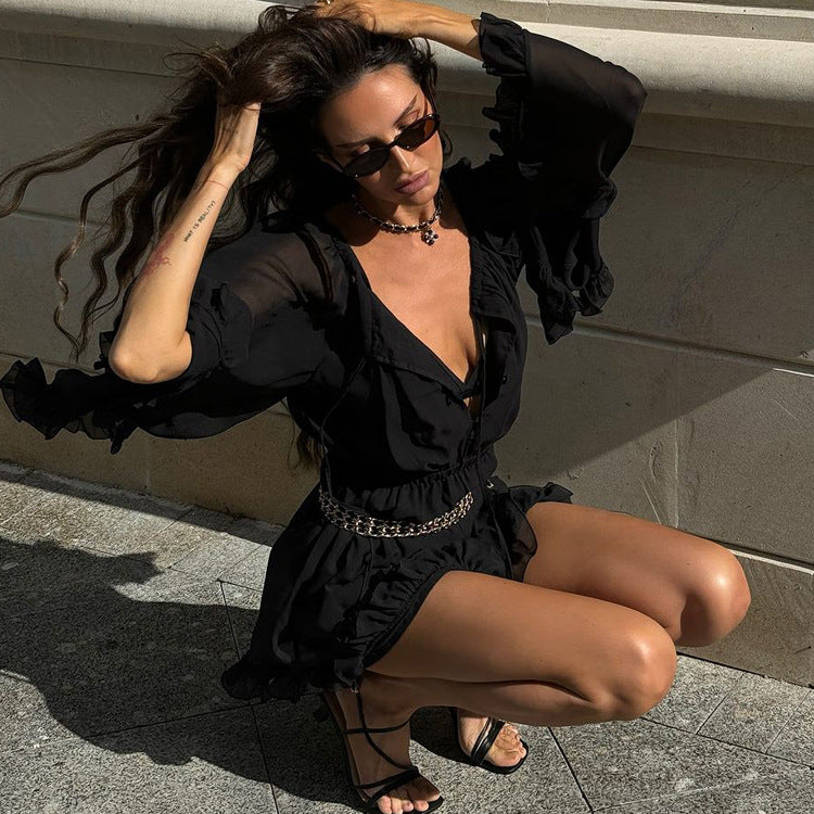 Mesh See through Long Sleeve Square Neck Lace up Black Dress Spring Summer Dress Fitted Waist Pleated A line Dress by Ragazza