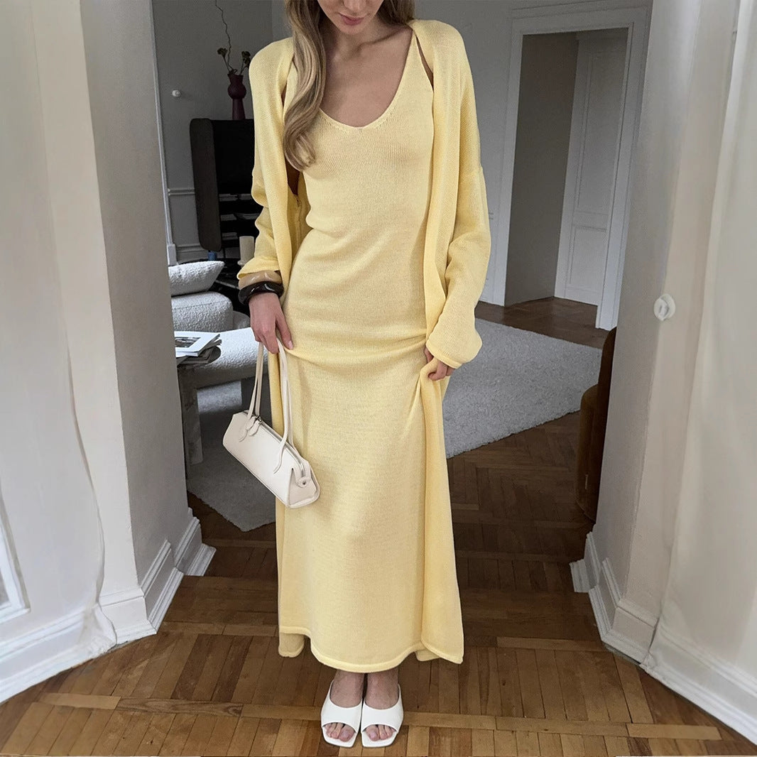 Knitted Hollow Out Cutout Vest Long Dresses Long Sleeve Cardigan Suit Women Soft Knitted Blouse  DestGlow