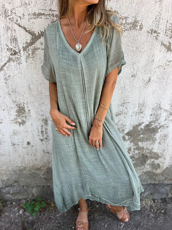 Cotton Linen V neck Semi Formal Dress by Ragazza