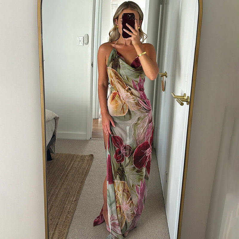 Winter Sexy Waist Trimming Backless Self Tie Dress Halter Split Dress by Ragazza