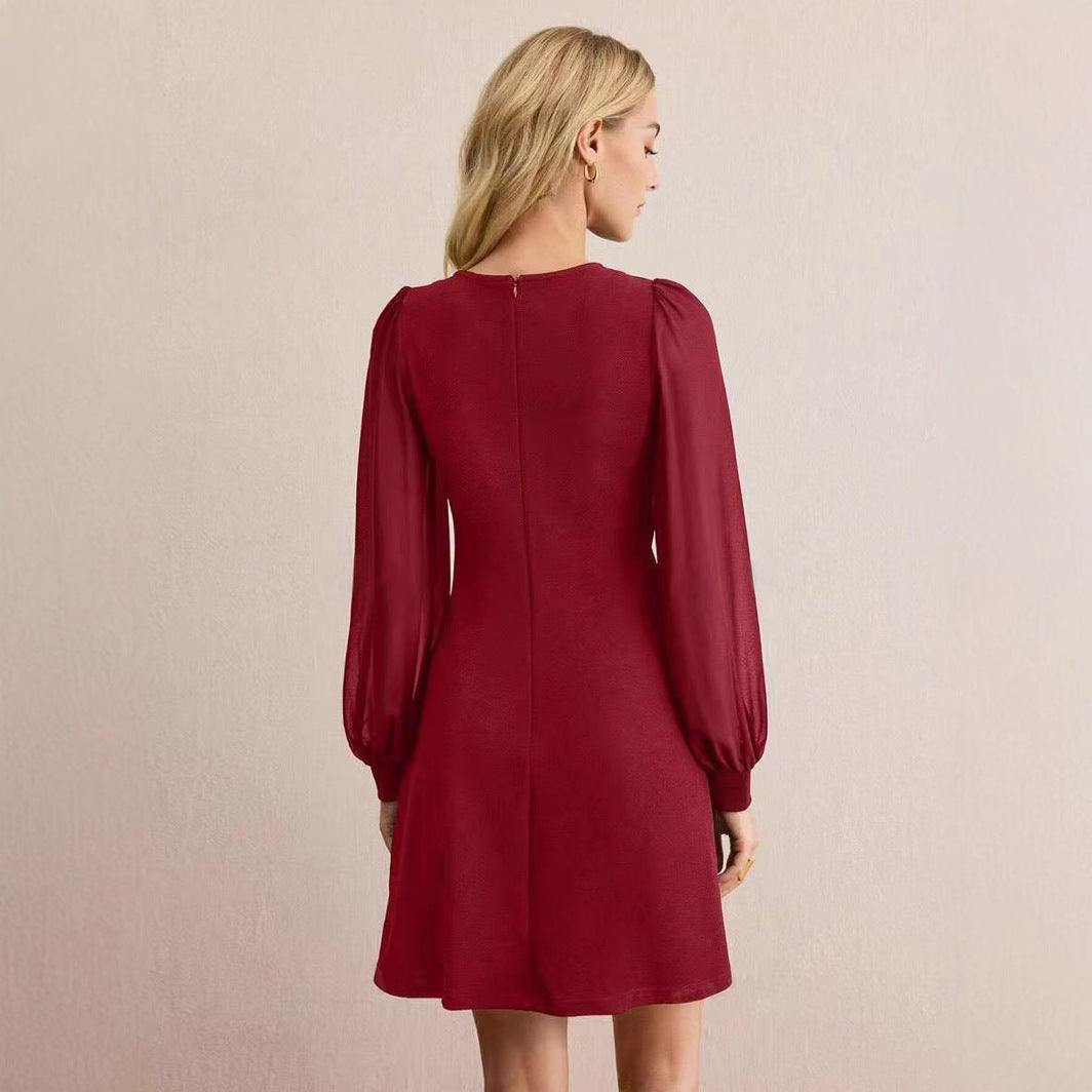 Early Spring Women Slim Fit Slimming Solid Color Clinch Stitching Long Sleeve Dress by Ragazza