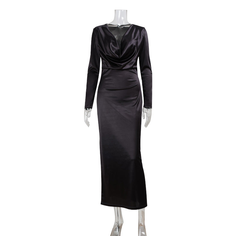 Arrival Autumn Elegant Solid Color Long Sleeve V neck Satin Bright Silk Dress Evening Dress by Ragazza