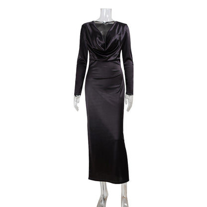 Arrival Autumn Elegant Solid Color Long Sleeve V neck Satin Bright Silk Dress Evening Dress by Ragazza