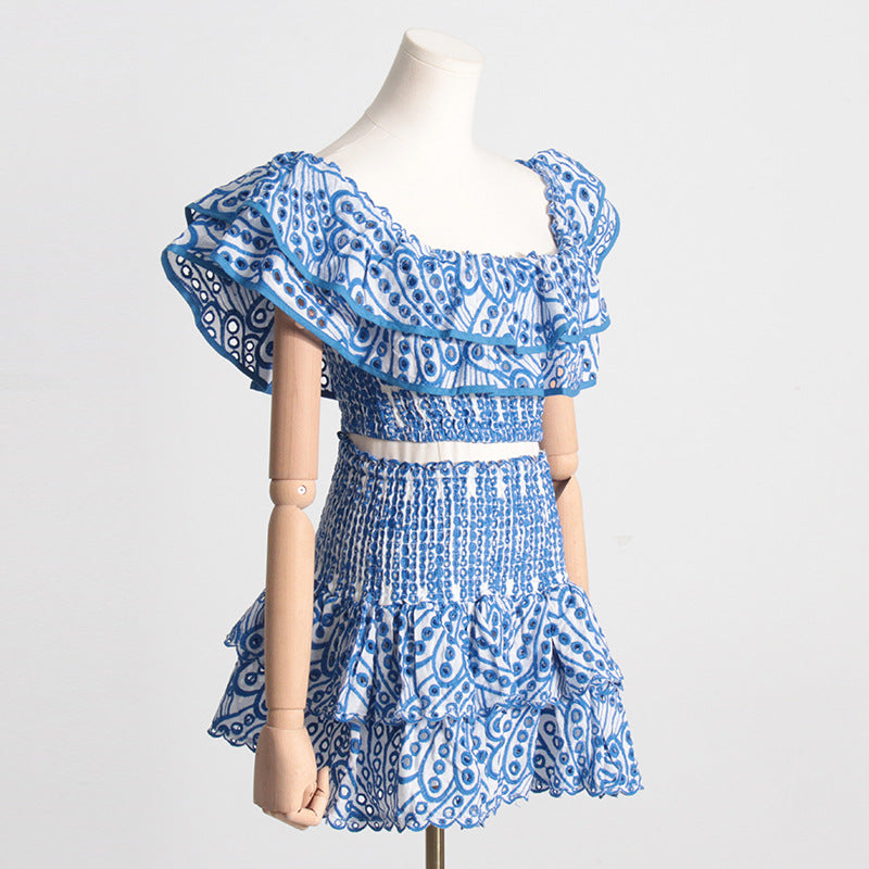 Summer French Wooden Ear Short Top High Waist Cake Layer Skirt Sexy Two Piece Suit Suit by Ragazza