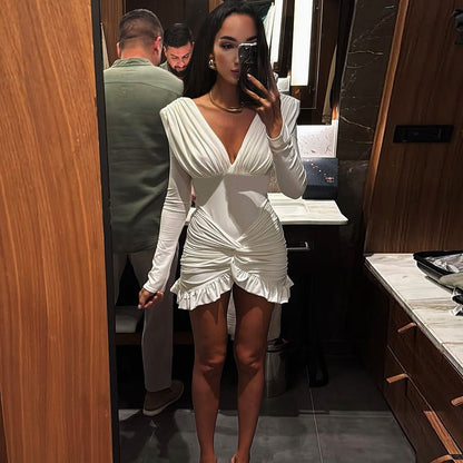 Summer Women Elegant Sexy Solid Color V neck Tight Waist Hip Pleated Long Sleeve Dress  DestGlow