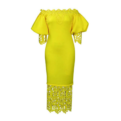 Women Clothes Elegant Lace Stitching Off Neck Dress by Ragazza